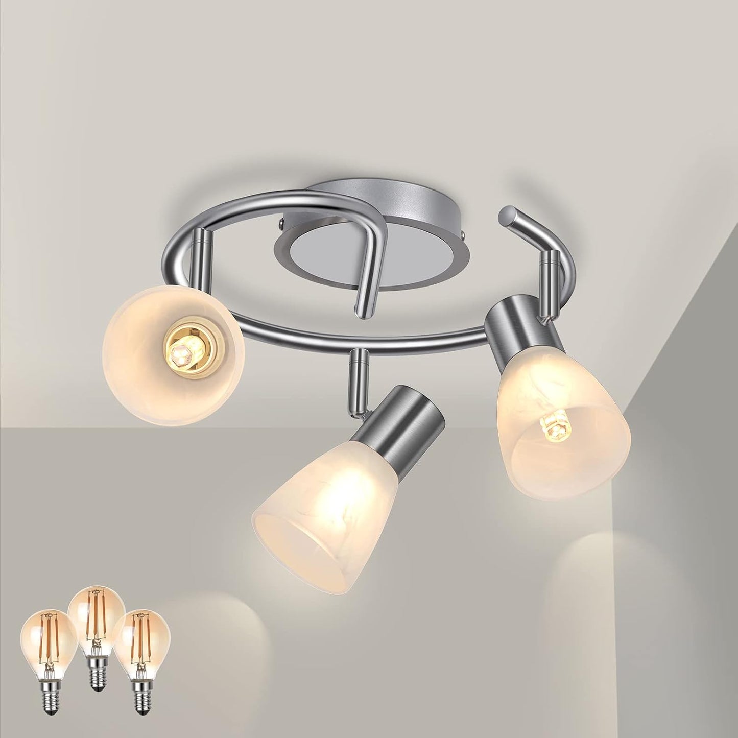 292864 - UNIKCST Ndriçues tavani me 3 drita E14 LED, 3 llamba të bardha të ngrohta 4W 400LM, me rrotullim, për dhomën e ndenjes dhe dhomën e gjumit, me perde xhami