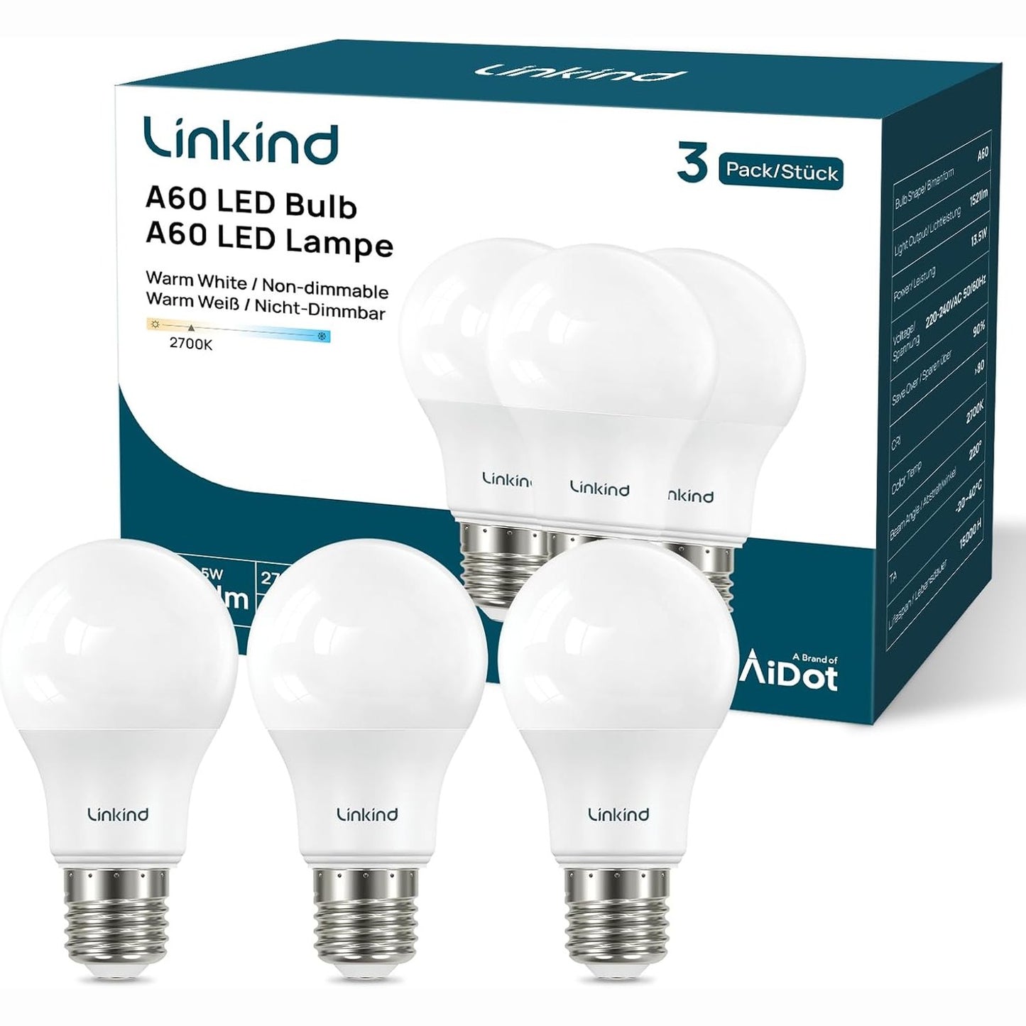 229575 - LINKIND Llambë 13.5W E27, Zëvendëson 100W, 5000K, 1560LM, A60, Pa Errësim, Pako me 3