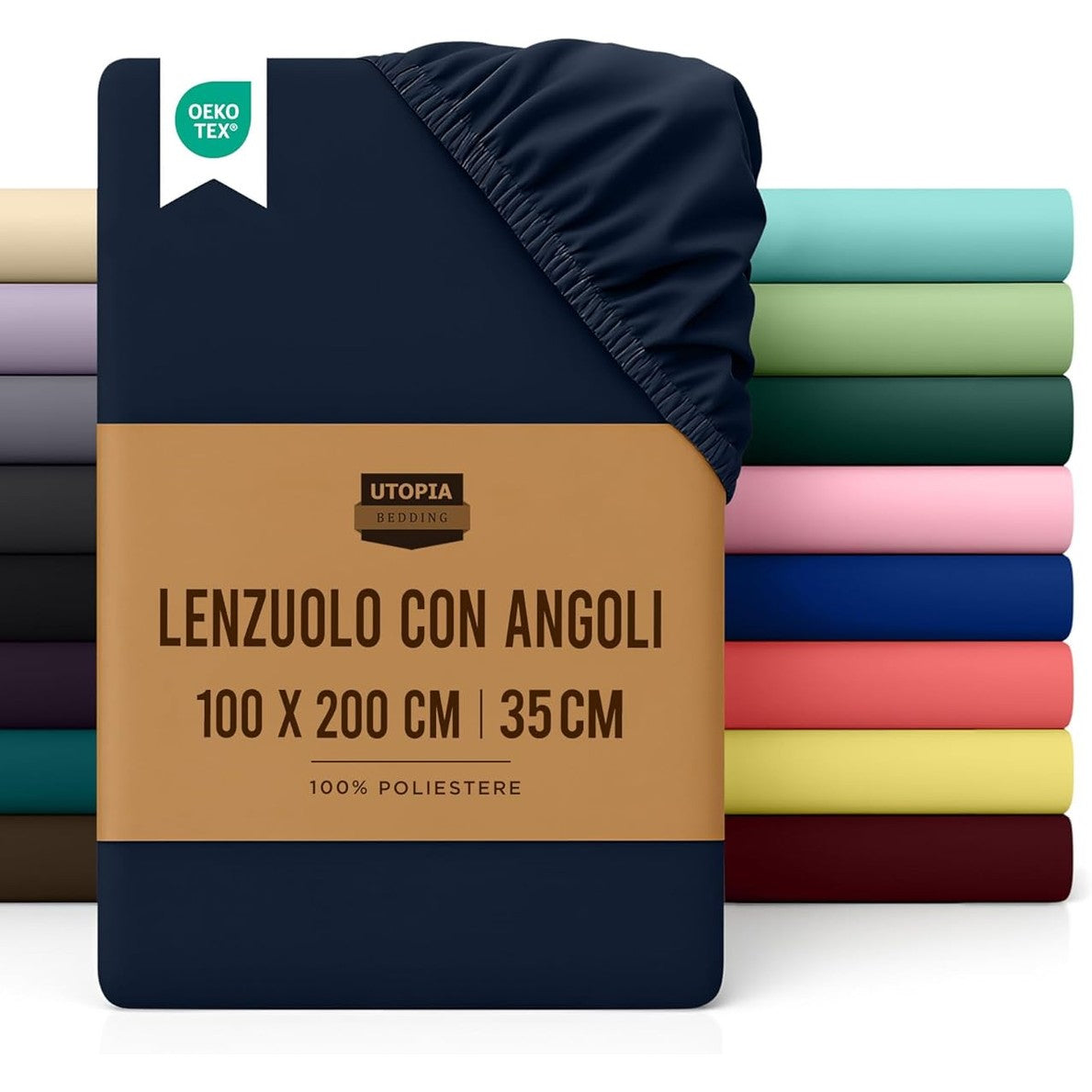 257787 - ÇARÇAF UTOPIA BEDDING, ÇARÇAF I PËRSHTATSHËM 100 X 200 CM, BLU MARINE, MIKROFIBËR POLIESTER I LËKURAR, I CERTIFIKUAR Oeko-Tex, 35 CM ME XHEP TË THELLË