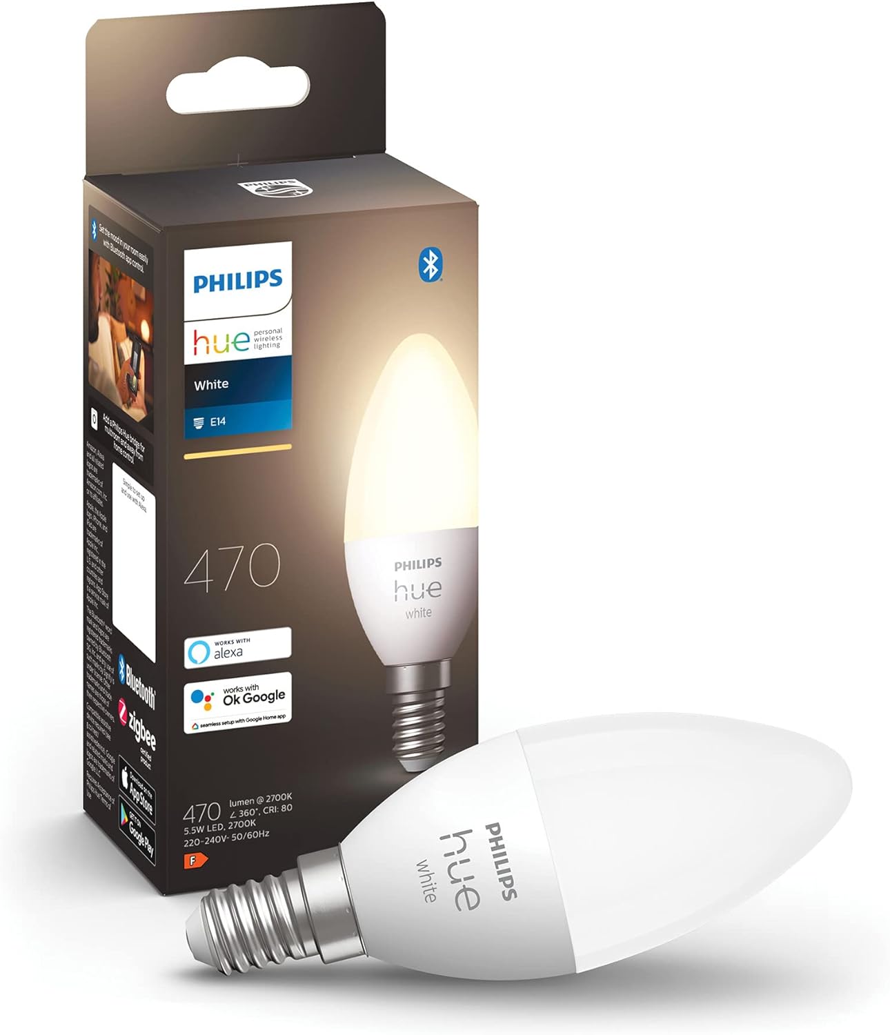 227385 - PHILIPS HUE Qirinj E14, 470lm, me errësim, dritë e bardhë e ngrohtë, e kontrollueshme me aplikacionin, 1 pako