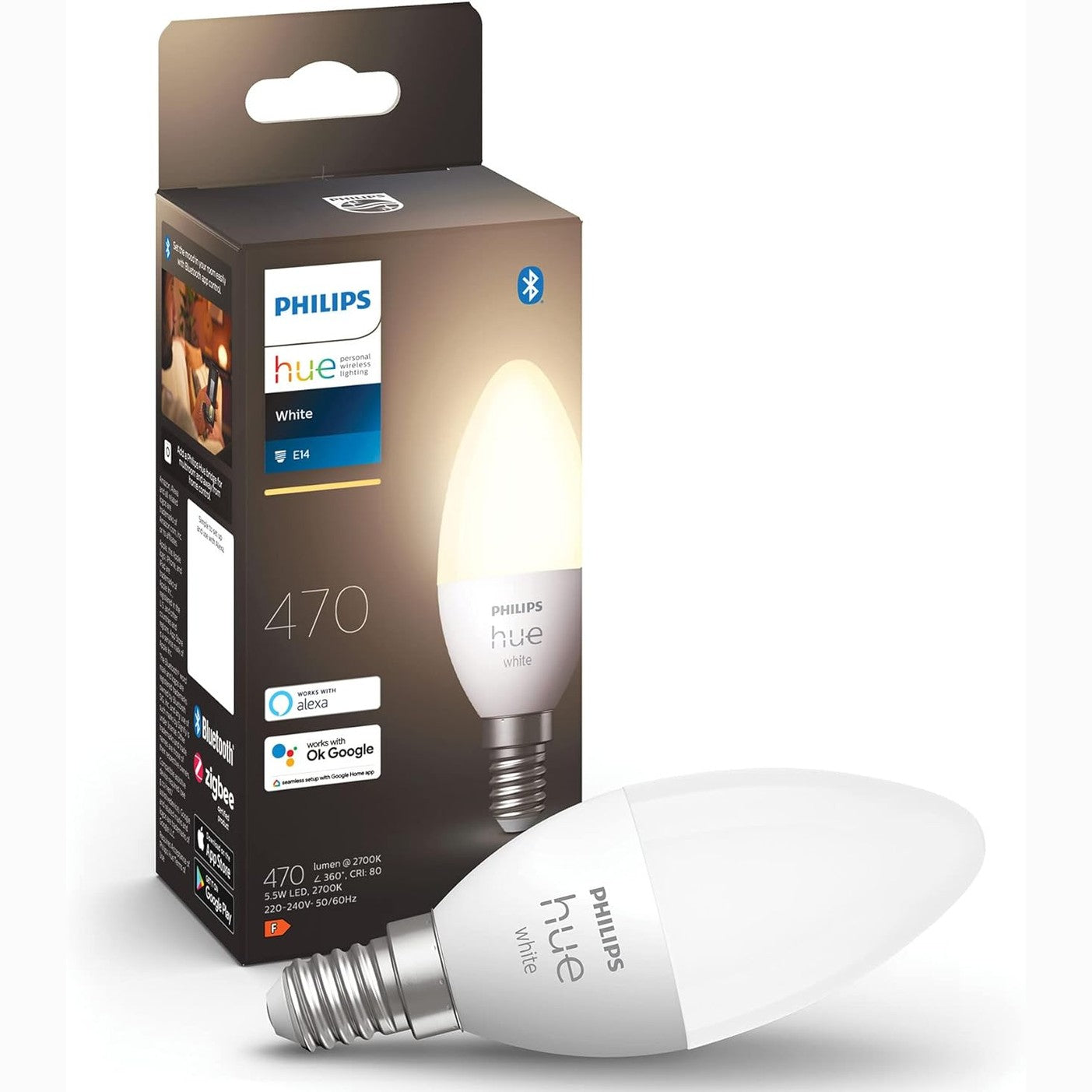 214186 - PHILIPS Qirinj të Bardhë E14, Pako e Vetme 470lm, me errësim, dritë e bardhë e ngrohtë, e kontrollueshme nëpërmjet aplikacionit, e pajtueshme me Amazon Alexa
