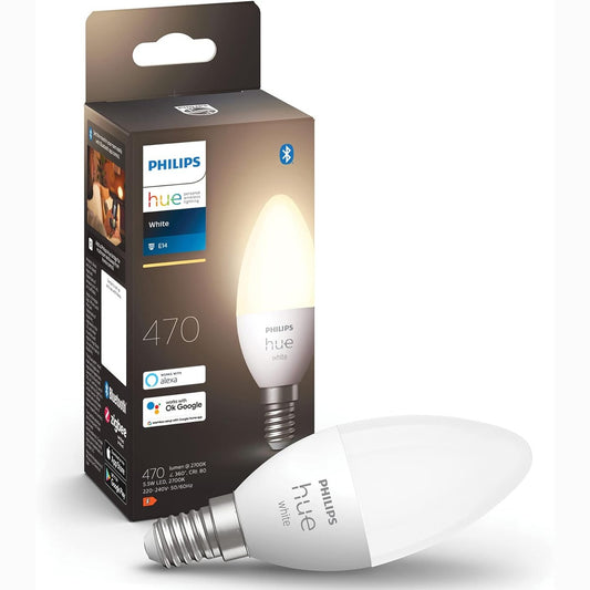 214186 - PHILIPS Qirinj të Bardhë E14, Pako e Vetme 470lm, me errësim, dritë e bardhë e ngrohtë, e kontrollueshme nëpërmjet aplikacionit, e pajtueshme me Amazon Alexa