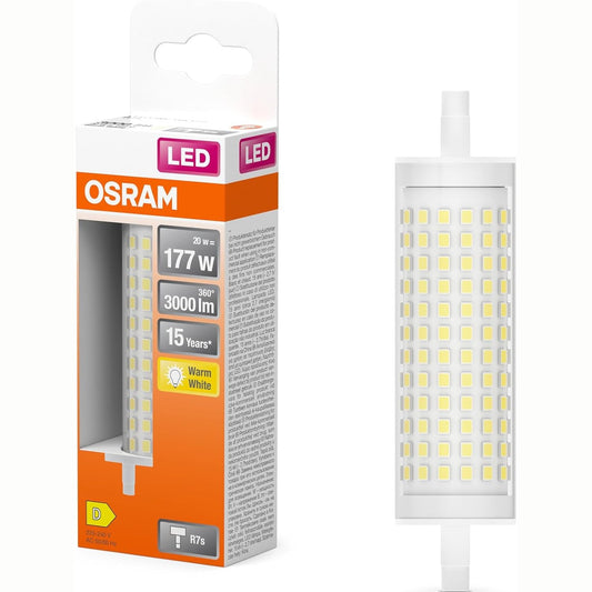 227817 - Llambë LED Osram LED Line me filament, trup drite prej plastike transparente, 20 W, bazë e retrofittuar R7s, klasa e efikasitetit të energjisë D, 3000 lm, dritë e bardhë e ngrohtë 3000 K për ndriçim të përgjithshëm.