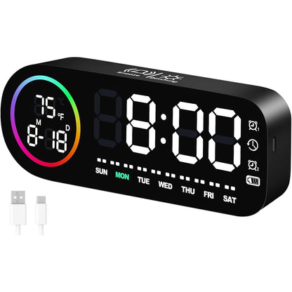 210675 - VINABO Orë Dixhitale LED me Alarm dhe 7 Ngjyra - Orë me Ekran Temperature, 5 Nivele Shkëlqimi, Alarm i Dyfishtë, Shtytje, USB, 12/24 Orë - Orë Alarmi me Ndriçim për Fëmijë dhe të Rritur (E Zezë)