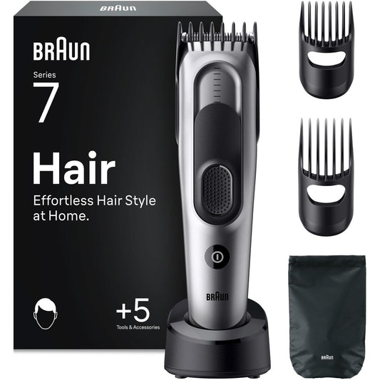 274953 - BRAUN Makinë prerëse flokësh pa tel HC7590, gri, 17 cilësime gjatësie, jetëgjatësi baterie 50 minuta, rezistente ndaj ujit, përfshin 5 aksesorë shtesë, tehe ultra të mprehta