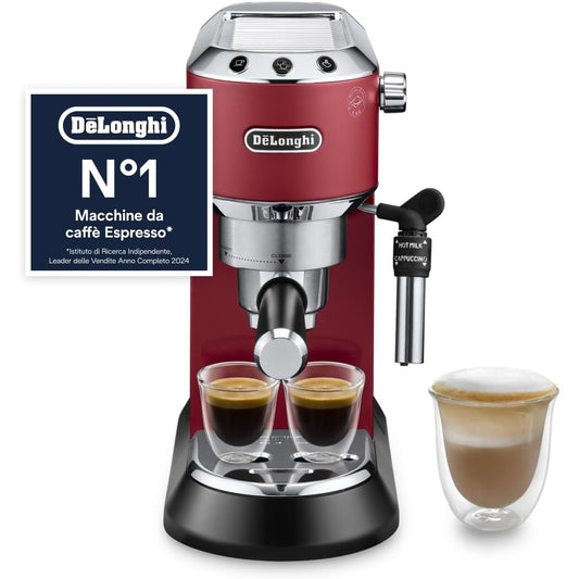 144189 - DE'LONGHI Makinë Manuale Kafeje Espresso Dedica EC685.R, Përshtatshme për Kafë të Bluar ose Kapsula ESE, me Shkumëzues Klasik Qumështi për Kapuçino, Mbyllje Automatike, Reservuar 1L, Filtër i Vetëm/i Dyfishtë, Ngjyre e Kuqe