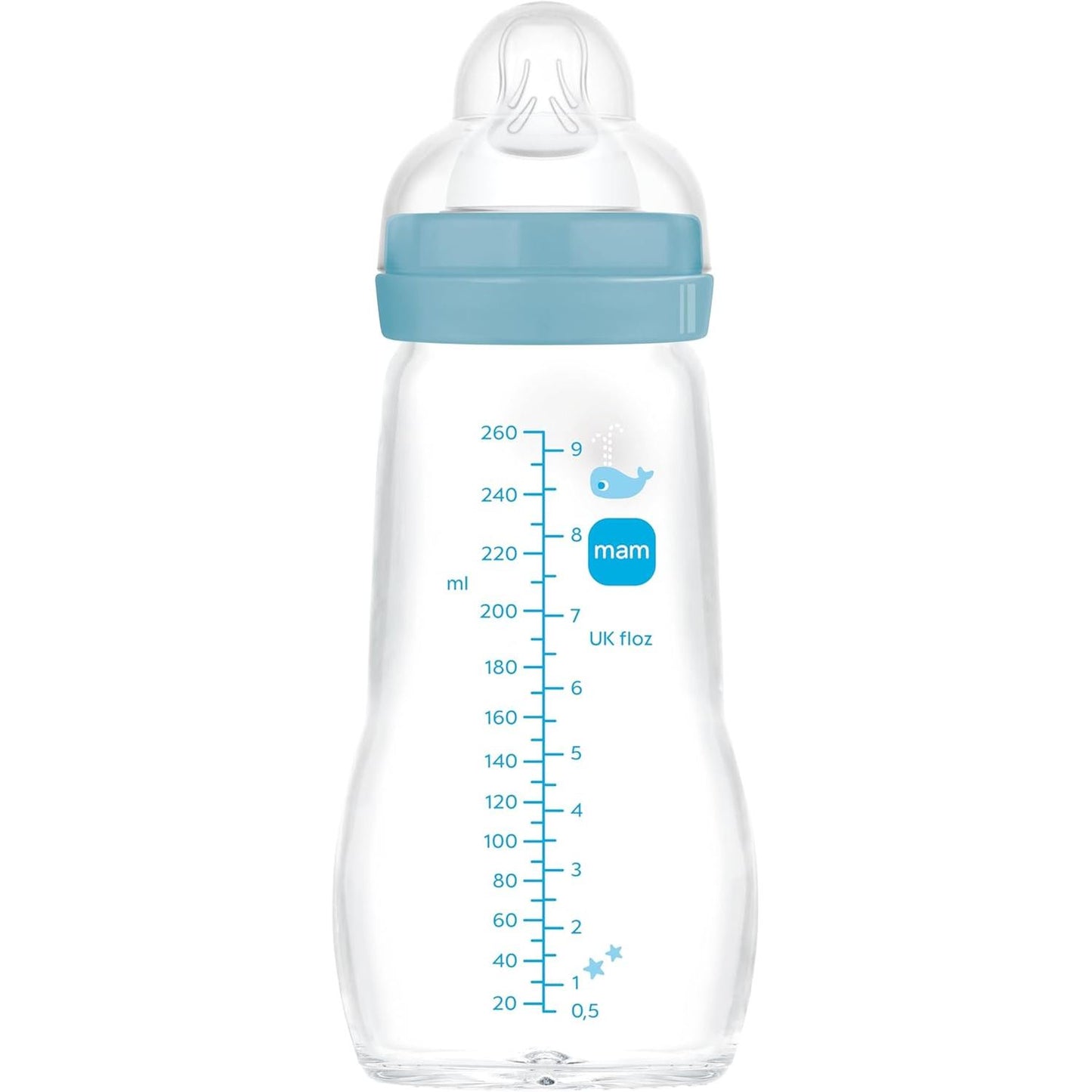 275647 - MAM Shishe qelqi për foshnje, 2-4 muaj, 260 ml, thithkë silikoni me pranim të lehtë, rrjedhje mesatare 2, pako me 1 copë