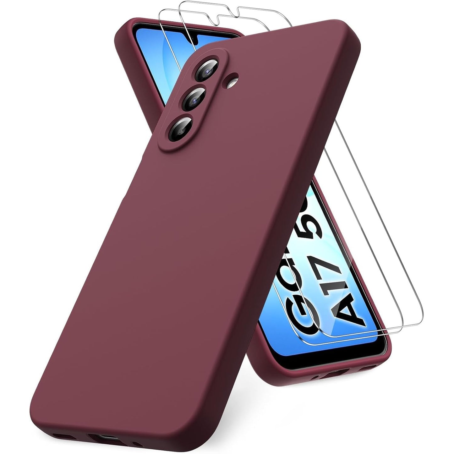 269224 - VANSDON Mbrojtëse telefoni e përputhshme me Samsung Galaxy A17 4G/5G, Mbrojtëse ekrani me 2 copë qelqi të temperuar, Mbrojtëse silikoni të butë TPU të lëngshëm, Mbrojtëse silikoni xheli gome rezistente ndaj goditjeve - Ngjyrë burgundy