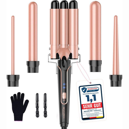 316009 - BESTOPE PRO Set hekuri kaçurrelash me 3 fuçi, hekur me valë, 5 në 1, Kontroll i temperaturës, Ngrohje e shpejtë, dorezë, 2 kapëse, ari rozë