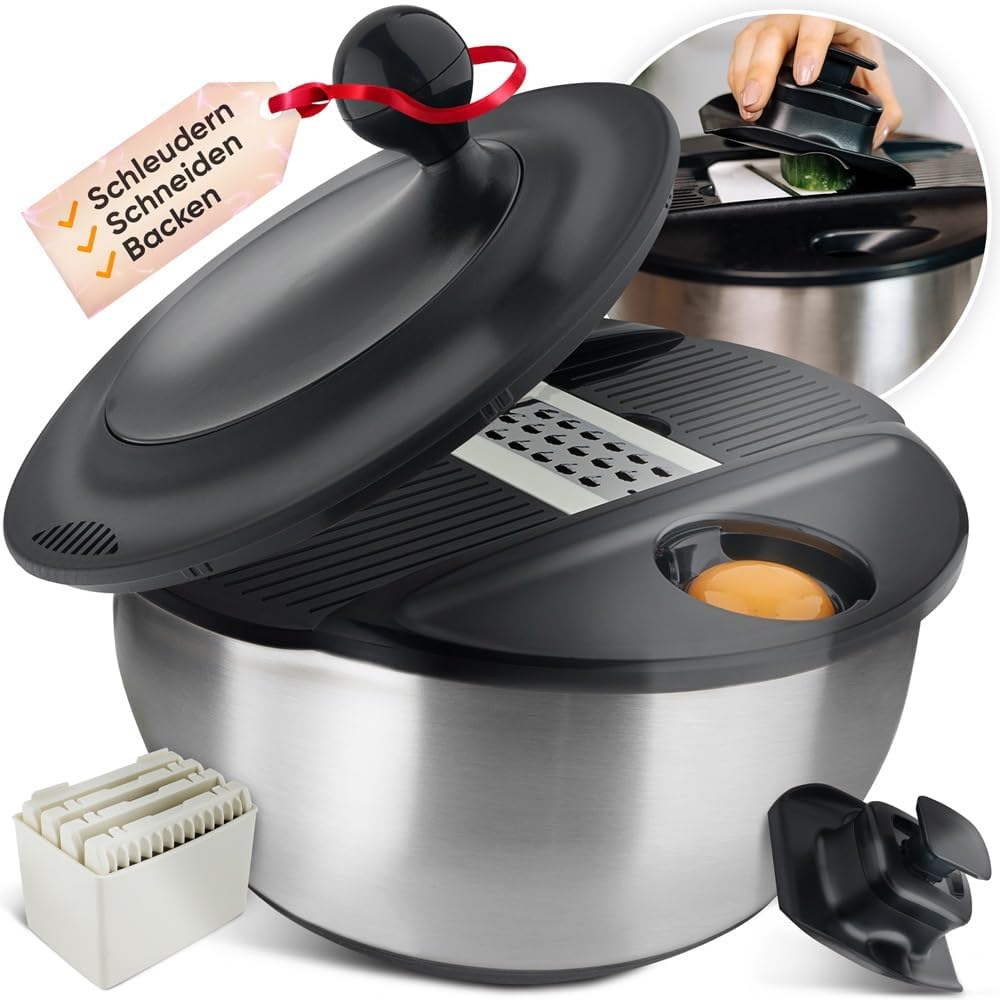 292847 - ENË PËR SALLATË PREJ ÇELIKU INOX, me funksion prerjeje, 5 aksesorë të ndryshëm, tas sallate 5L, i përshtatshëm për lavastovilje për gatim, pjekje dhe prerje