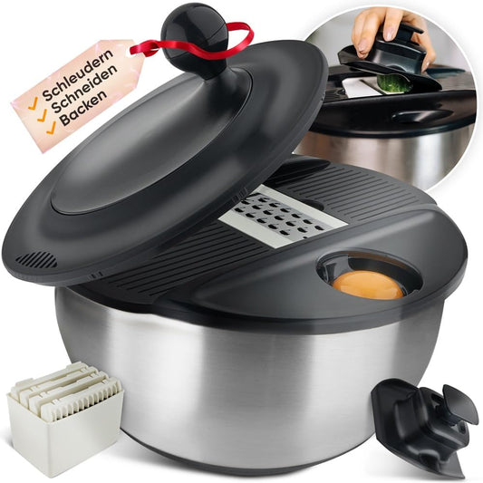 292847 - ENË PËR SALLATË PREJ ÇELIKU INOX, me funksion prerjeje, 5 aksesorë të ndryshëm, tas sallate 5L, i përshtatshëm për lavastovilje për gatim, pjekje dhe prerje