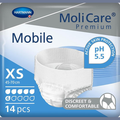 294355 - MOLICARE - Pantallona Mobile të Disponueshme Premium, Aplikim diskret për inkontinencën tek gratë dhe burrat; 6 pika, madhësia XS (perimetri i vitheve 45-70 cm), 14 copë