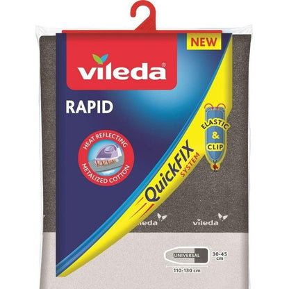 186097 - VILEDA RAPID Mbulesë Universale për Tavolinë Hekurosjeje, Pambuk dhe Alumini, Reflektuese e Nxehtësisë, me Ndalues Kordoni, Gri, 110-130 x 30-45 cm