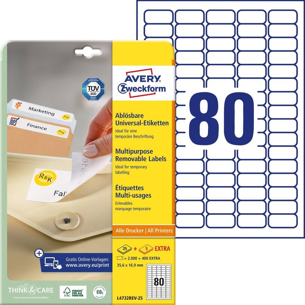 299873 - AVERY Zweckform Etiketa Universale L4732REV-25, 2,000 plus 400 etiketa ngjitëse shtesë, 35.6 x 16.9 mm në A4, të lëvizshme pa mbetje, të printueshme, ngjitëse vetëngjitëse, 30 fletë, të bardha