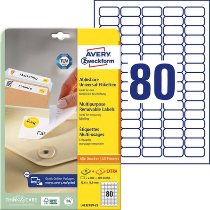 299873 - AVERY Zweckform Etiketa Universale L4732REV-25, 2,000 plus 400 etiketa ngjitëse shtesë, 35.6 x 16.9 mm në A4, të lëvizshme pa mbetje, të printueshme, ngjitëse vetëngjitëse, 30 fletë, të bardha