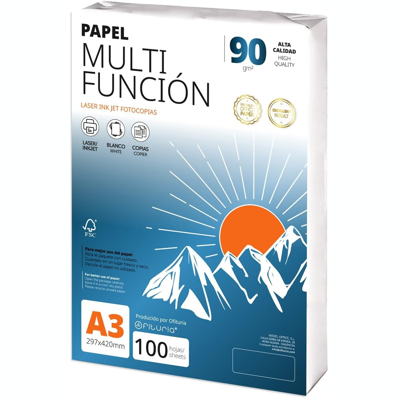 320342 - OFITURIA Letër A3 90gsm 100 fletë, Letër Printeri Shumëfunksionale, 90g, 100 fletë