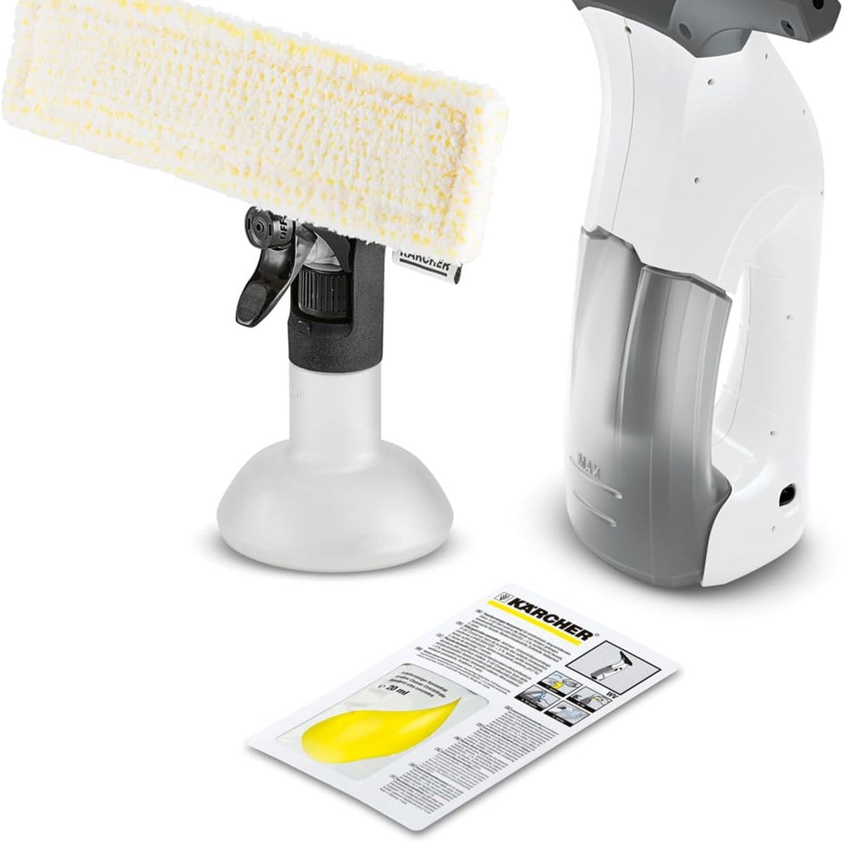 292932 - KÄRCHER Pastrues xhamash WV 1 Plus, Jetëgjatësia e baterisë: 25 minuta, Ekran LED, Depozita e ujit të ndotur: 100 ml, Pesha: 0.5 kg, Spërkatës me leckë mikrofibre, Pastrues xhamash i koncentruar 20 ml