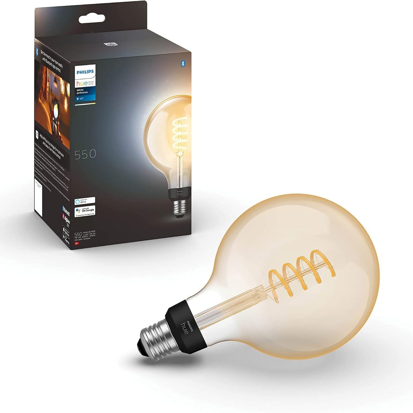 245347 - PHILIPS HUE White Ambiance E27 Filament Large Globe (550 lm), llambë LED me errësim, 1 pako