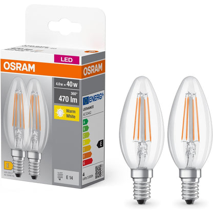 186729 - OSRAM - Llambë LED Base Classic B Fil 40 me Baza E14, Formë Mini Qiriu, Pako Dypesh, 4W, 470lm, 2700K, Drita Bardhë e Ngrohtë, Prodhim i Ulët i Nxehtësisë, Jetëgjatësi e Gjatë, Konsum i Ulët Energjie
