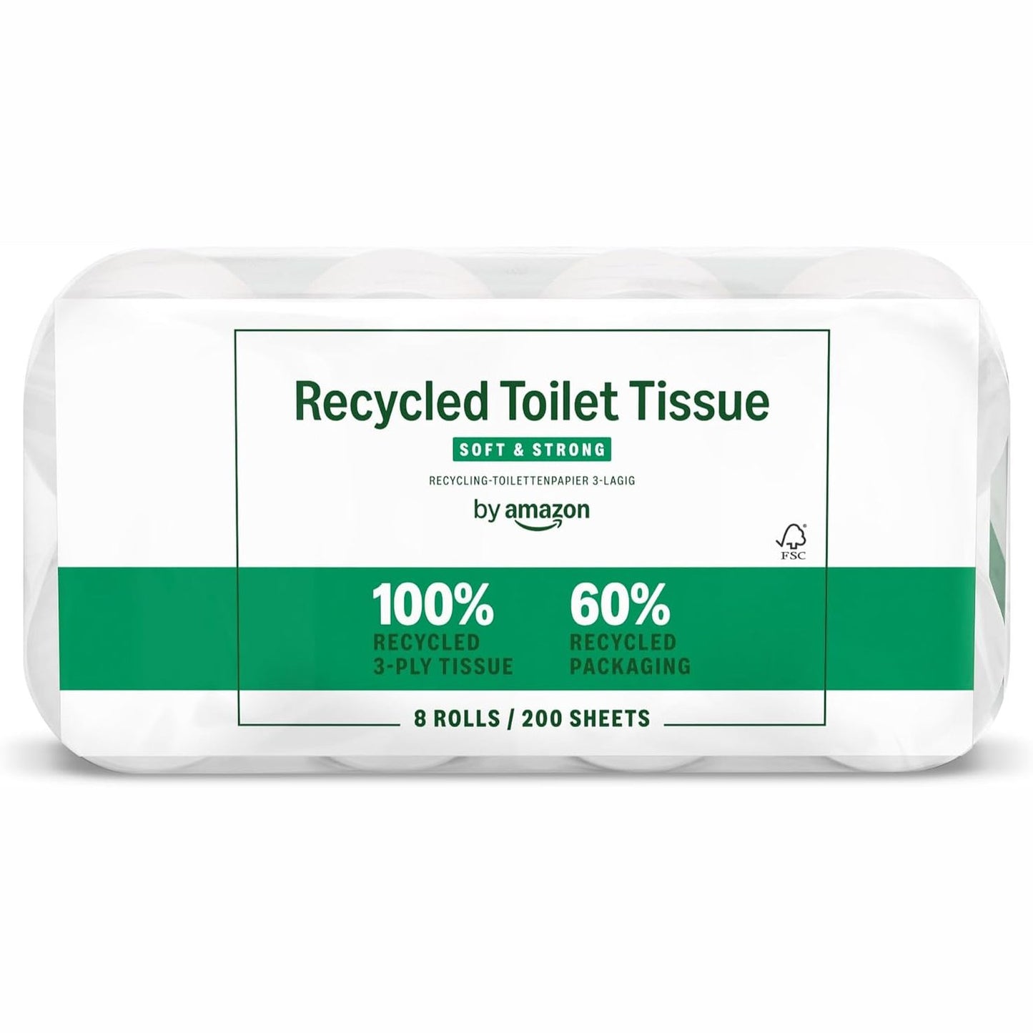 290514 - AMAZON Letër Higjienike e Ricikluar, 100% Fibër e Ricikluar, 3 Shtresa, 200 Fletë, 8 Rrotulla (1 Pako me 8), E Certifikuar nga FSC