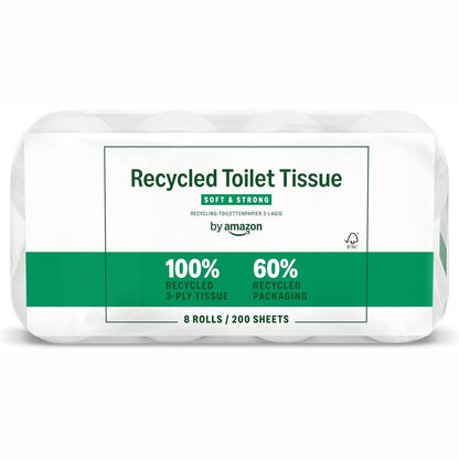 290514 - AMAZON Letër Higjienike e Ricikluar, 100% Fibër e Ricikluar, 3 Shtresa, 200 Fletë, 8 Rrotulla (1 Pako me 8), E Certifikuar nga FSC