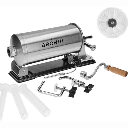 250352 - BROWIN® Mbushës manual për salçiçe prej çeliku inox, 3 kg, makinë horizontale për kuzhina dhe restorante, presë për salçiçe