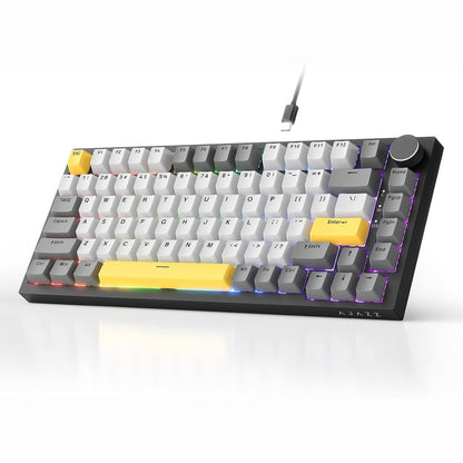 299271 - AJAZZ AK820 Tastierë mekanike me tela, 75% e madhësisë, 82 taste, material PBT, RGB e orientuar nga jugu, jastëk izolimi zanor me pesë shtresa, ndërrim i shpejtë i tasteve, ngjyrë gri e bardhë e verdhë