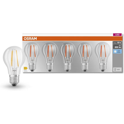 188344 - OSRAM LED BASE Classic A60, Llamba LED me Filament Qelqi Transparent, Formë Llambë për Bazën E27, Ngjyrë e Bardhë e Ftohtë (4000K), 806 Lumen, Zëvendëson Llambat Tradicionale 60W, Pako 5 copë