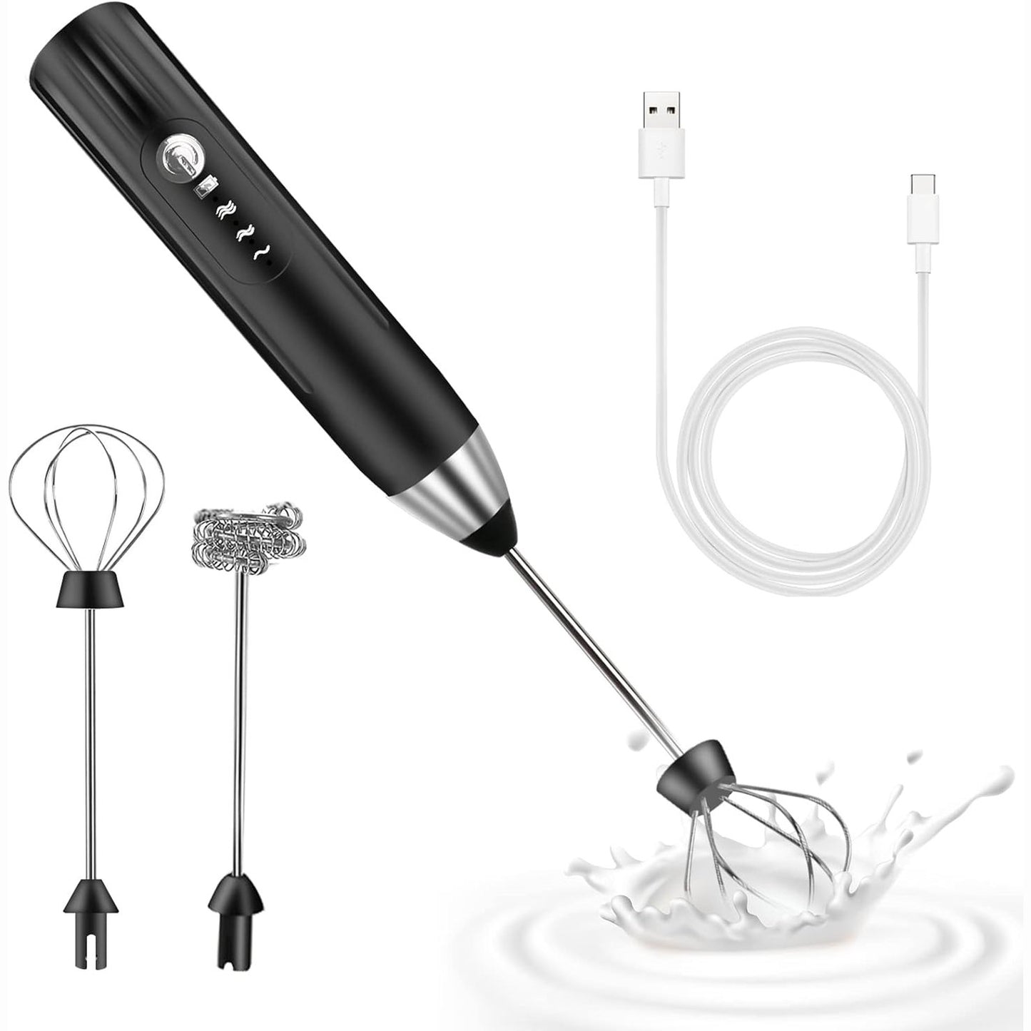 224039 - Shkumëzues elektrik qumështi, rikarikueshëm me USB, 3 shpejtësi, çelik inox për kafe dhe kapuçino, Argjend-Zi