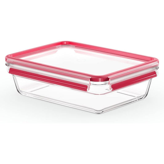 196269 - EMSA: Enë Drejtkëndëshe Qelqi për Ruajtjen e Ushqimit Clip & Close, 2L, 100% e Papërshkueshme nga Rrjedhjet, në Ngjyrë të Kuqe Transparente, e Sigurt për Lavastovilje, Frigorifer, Furrë dhe Mikrovalë, Kode: N10411