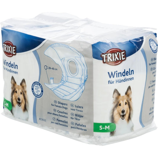 216769 - TRIXIE Pelena për Qen Femra Madhësia SM - Pelena thithëse për qen për mosmbajtje dhe nxehtësi - 12 copë me brez elastik për më shumë rehati, perimetër beli 28-40 cm - 23632