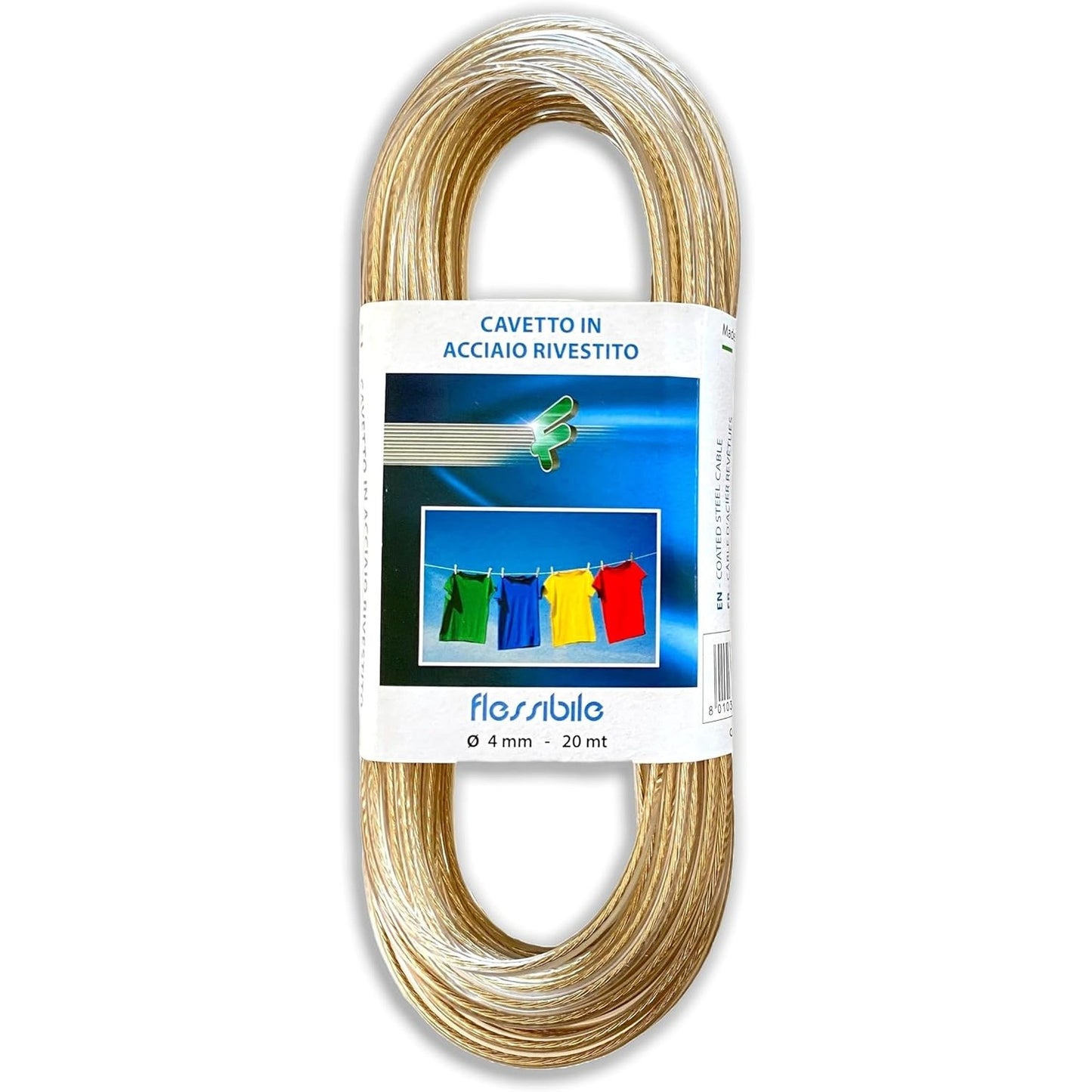 274250 - IPEA Kabllo çeliku 4 mm për tela rrobash, 20 metra, e veshur me plastikë, transparente, 0.4 cm e trashë