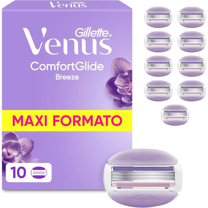 275232 - GILLETTE Brisqe rroje Venus Comfortglide Breeze për femra, 10 tehe zëvendësuese origjinale për brisqe të lagura, 3 tehe për heqje të butë, të plotë dhe afatgjatë të qimeve.