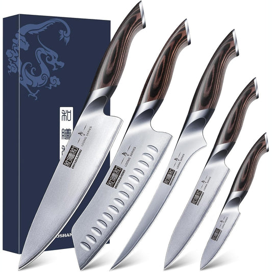 234975 - Set thikash HOSHANHO me 5 pjesë Set thikash kuzhine japoneze prej çeliku inox me karbon të lartë Set profesional thikash kuzhine ultra të mprehta me doreza ergonomike prej druri pakka