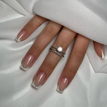 304009 - VIRELLAY 24 copë thonj artificialë të gjatë, stil francez, shkëlqim argjendi, katrorë