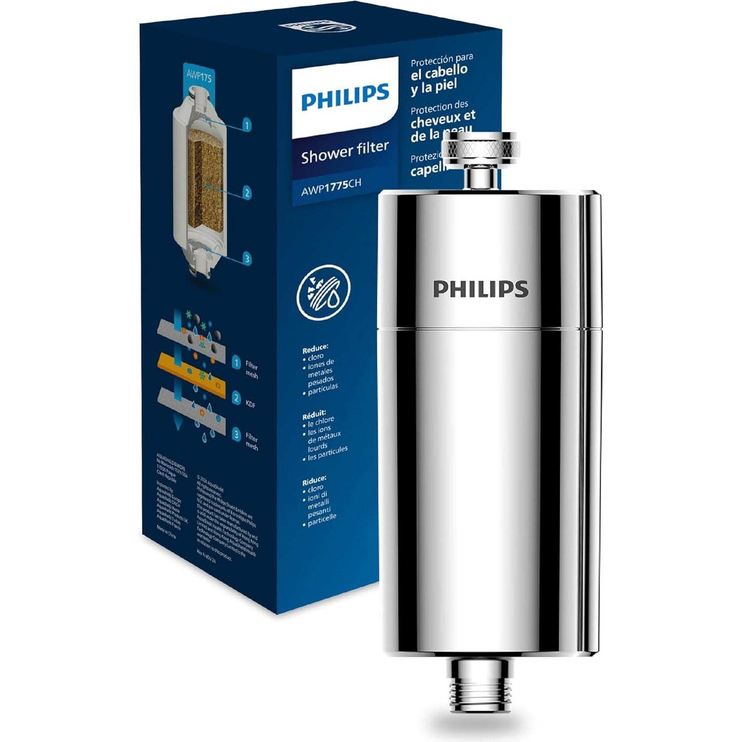 231566 - PHILIPS Filtër dushi me 1 pako uji, Redukton klorin deri në 99%, I lehtë për t’u instaluar, I pajtueshëm me tuba dhe rubinete standarde, Krom, Filtrim 50,000L