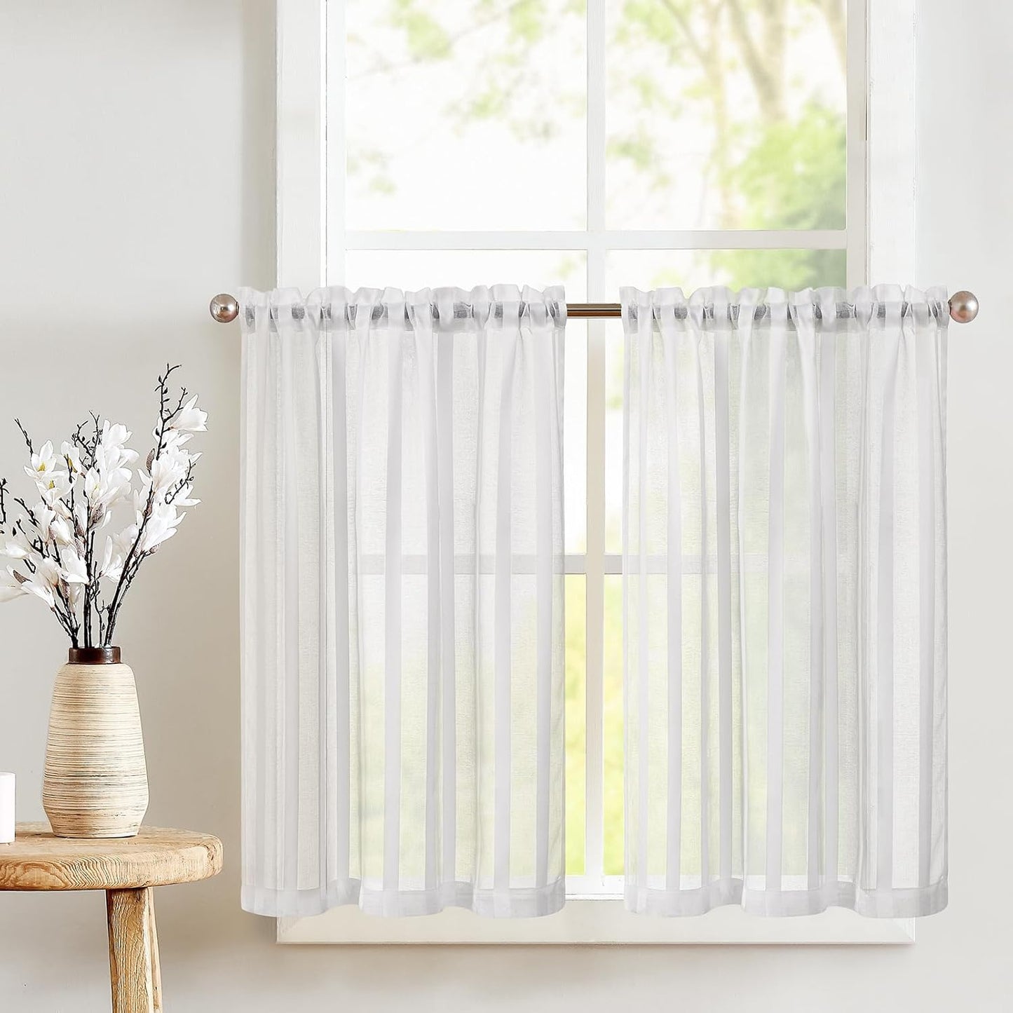 257114 - TOPICK Perde Transparente për Kafene, të Bardha, Lartësi 60 x Gjerësi 90 cm, set prej 2 copësh me xhep në shkop, perde bistro, perde kuzhine voile me vija, stil fshatar