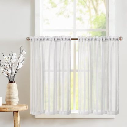 257114 - TOPICK Perde Transparente për Kafene, të Bardha, Lartësi 60 x Gjerësi 90 cm, set prej 2 copësh me xhep në shkop, perde bistro, perde kuzhine voile me vija, stil fshatar