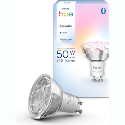 240800 - PHILIPS HUE Dritë LED Essential Smart LED GU10, e bardhë dhe me ngjyra, 2200K-6500K, 345 lumen, me errësim, pajtueshme me Alexa, Google Assistant dhe Apple Home, 1 pako