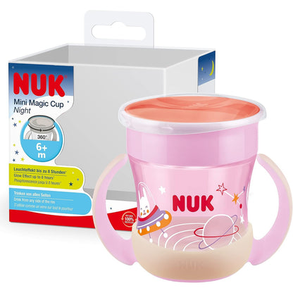 297493 - NUK Mini Magic Cup Kupë për Stërvitje Night, 6+ Muaj, 160 ml, Rrip i papërshkueshëm nga rrjedhjet 360°, Doreza që kapen lehtë, Rozë