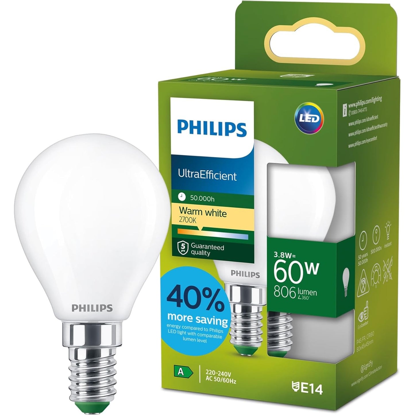 211394 - PHILIPS Llambë LED UltraEfficient P45 me Ngricë, Bazë E14, Klasa e Energjisë A, 806 lm, Ekuivalente 60 W, E Bardhë e Ngrohtë (2700 K), EyeComfort, 50,000 Orë, 1 Pako