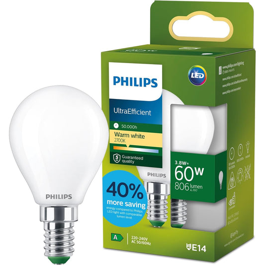 211394 - PHILIPS Llambë LED UltraEfficient P45 me Ngricë, Bazë E14, Klasa e Energjisë A, 806 lm, Ekuivalente 60 W, E Bardhë e Ngrohtë (2700 K), EyeComfort, 50,000 Orë, 1 Pako