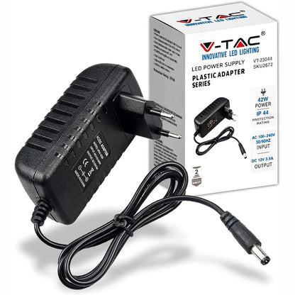 188492 - V-TAC Furnizim me Energji 12V 42W 3.5A për Kamera, Shirita LED, Modema - Transformator Plug & Play me Prizë 100-240V 50/60Hz, i Zi
