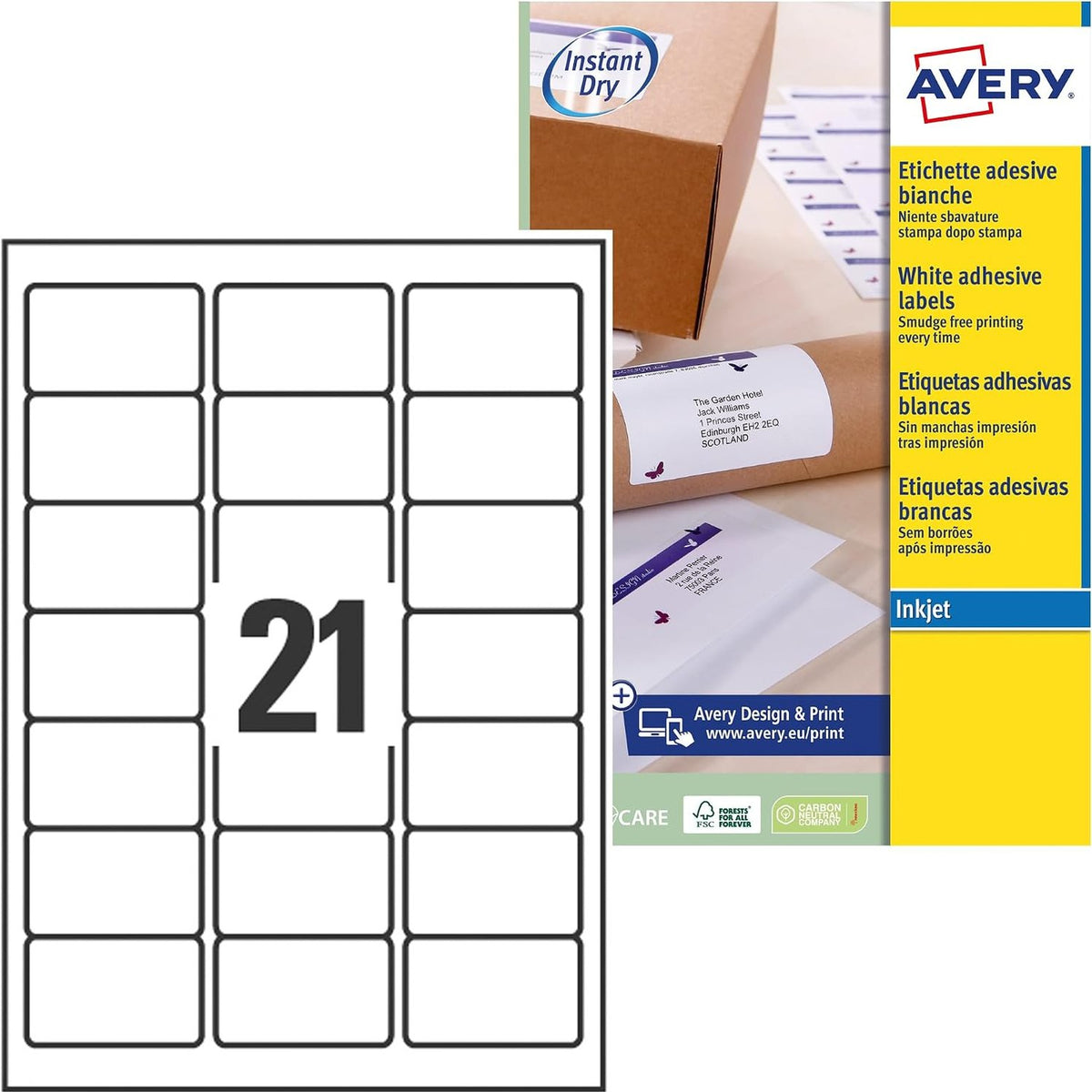 295265 - AVERY Etiketa vetëngjitëse të bardha, 525 copë, 63.5 x 38.1 mm, Printim me bojë