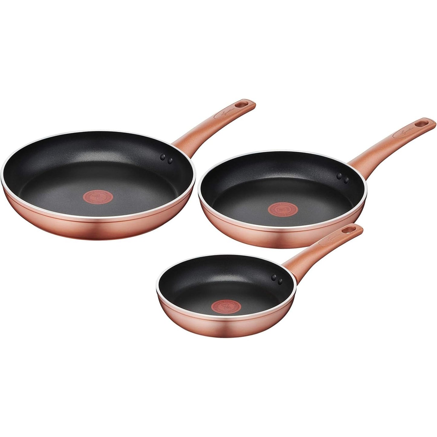195229 - LAGOSTINA Set Tiganësh Alumini Jo-Ngjitës Ramata Ø 20/24/28 cm, Efekt Bakri i Jashtëm, 3 Copë, Përshtatshëm për Gaz dhe Furrë, me Tregues Gatimi dhe Doreza Ergonomike Bakeliti