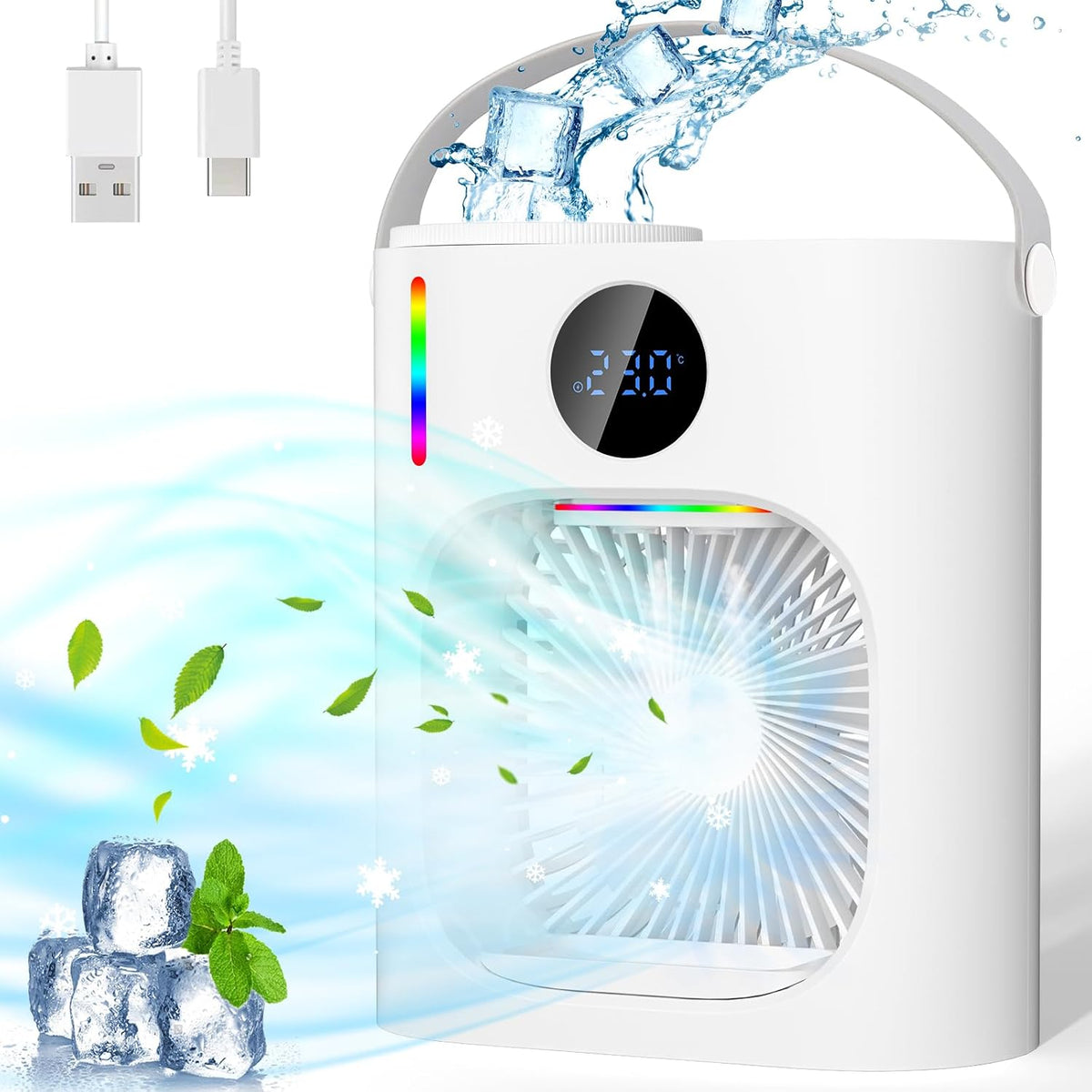 312971 - Kondicioner ajri portativ 4-në-1, mjegull ftohëse, mini ftohës ajri portativ 900ml, ventilator tavoline USB me 3 shpejtësi, dritë me 7 ngjyra, e bardhë B