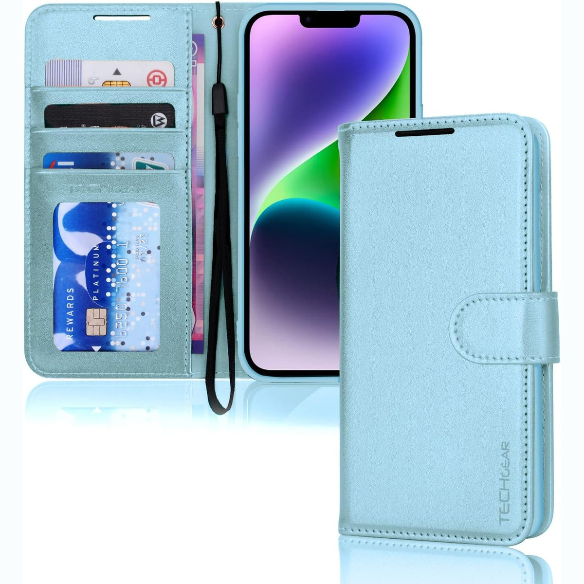 310735 - TECHGEAR - Mbulesë portofoli për iPhone 14, lëkurë PU blu e çelët, kapak mbrojtës, vende për karta, mbështetëse, 6.1"