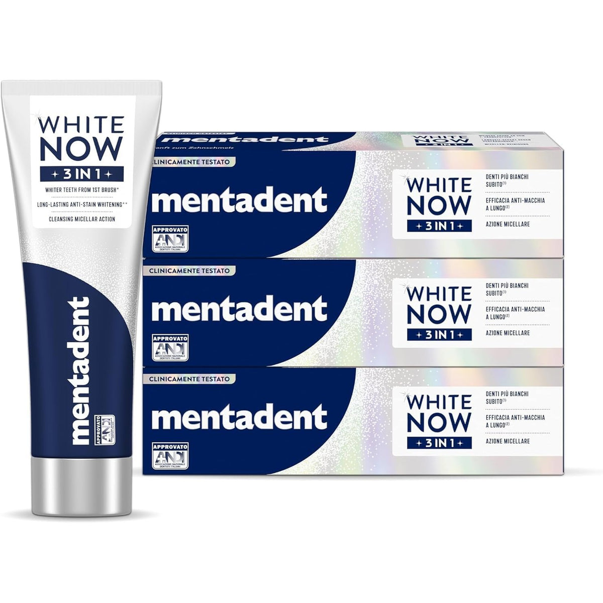 336655 - MENTADENT Pastë dhëmbësh White Now 3 në 1 Origjinale, Teknologji e Dritës së Trefishtë, Zbardhues, 3x75ml