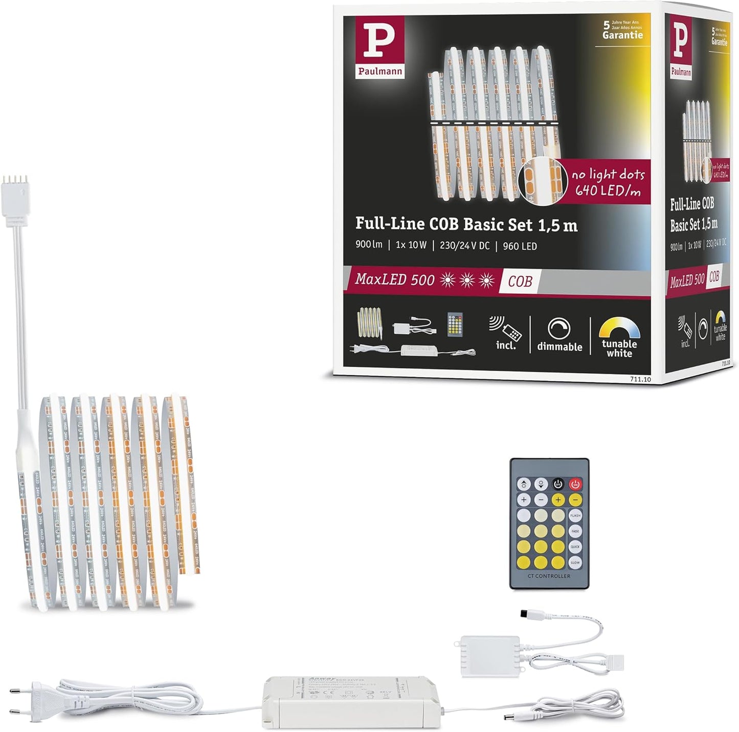 255210 - PAULMANN Shirit LED 71110 MaxLED 500 Full-Line COB 1,5m 10W 600lm/m 640LED/m i Akordueshëm i Bardhë 25VA