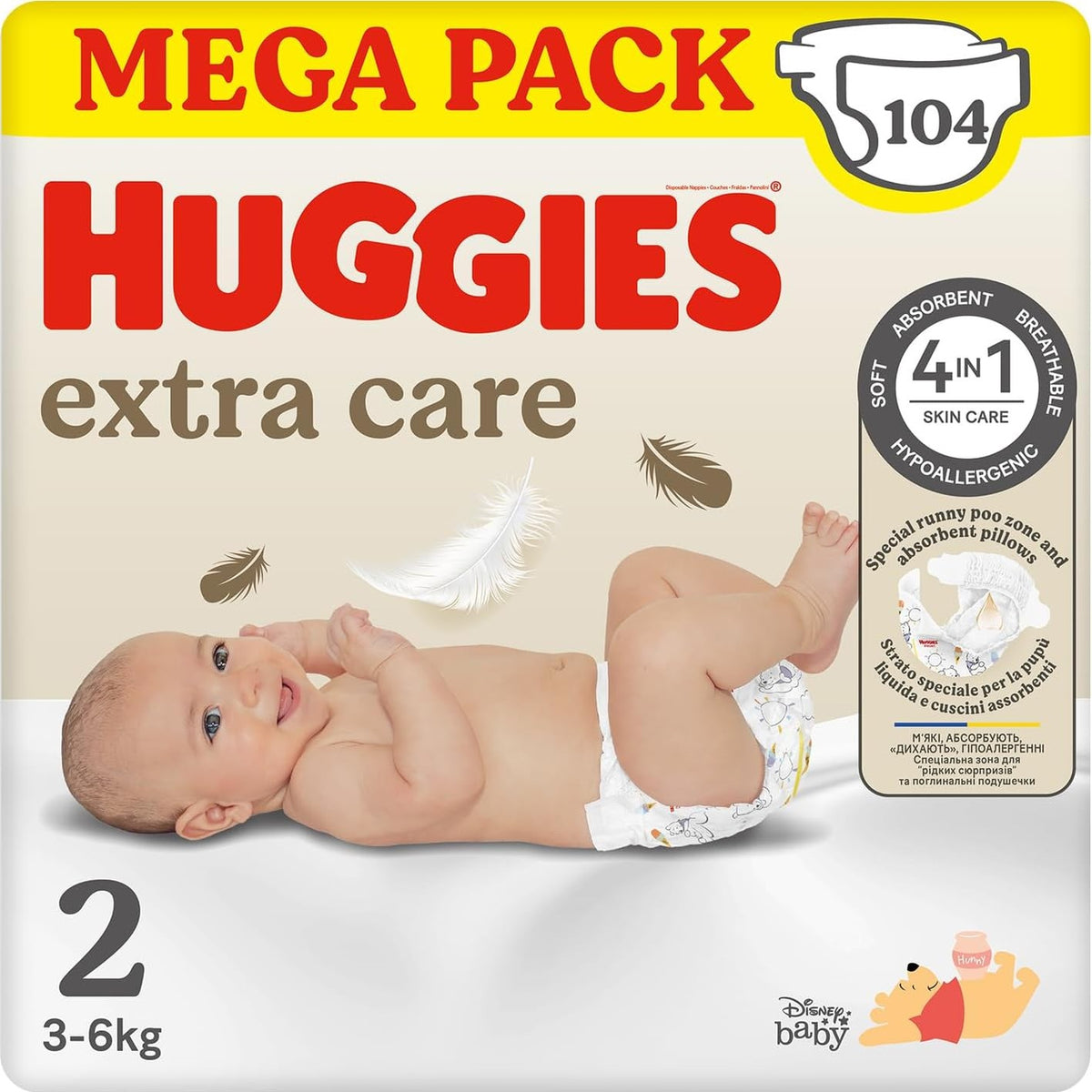 301933 - HUGGIES Pelena Extra Care për Fëmijë, Madhësia 2 (3-6 kg), Ultra Thithëse, Dizajn Disney, Pako Mega, 104 copë